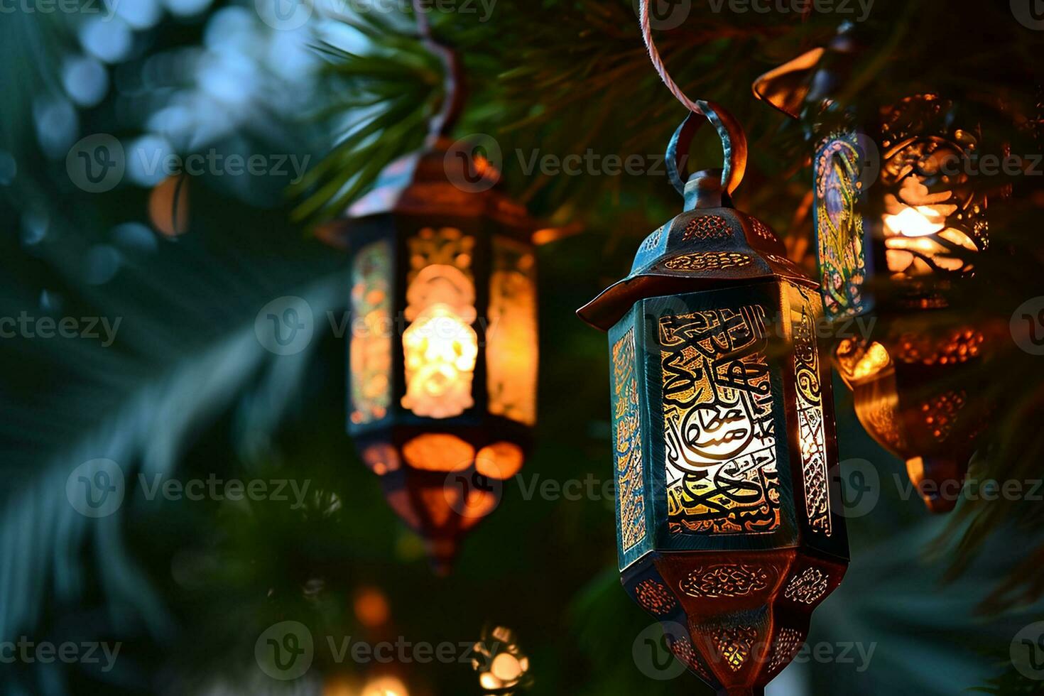 AI generated Hanging Ornamental Arabic lantern glowing at night invitation for Muslim holy month Ramadan Kareem photo