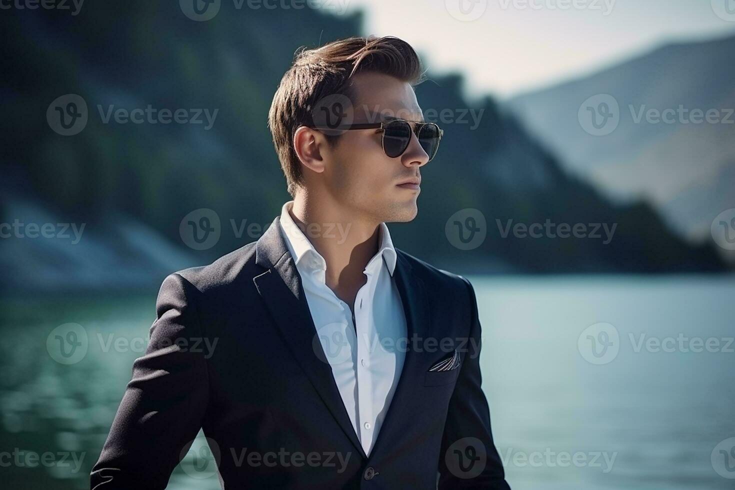 AI generated portrait of sexy handsome fashion businessman model dressed in elegant suit posing behind lake photo