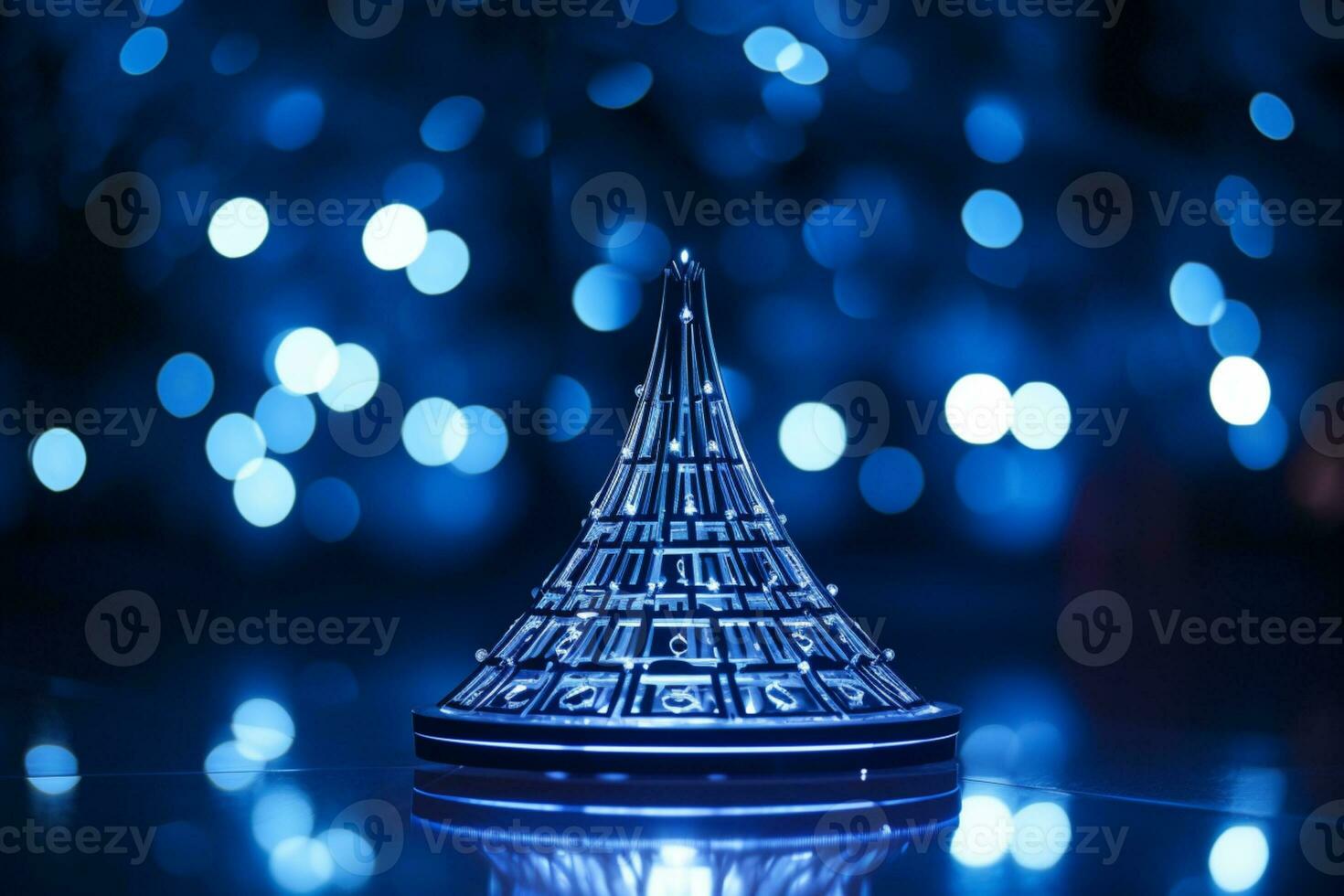 AI generated Abstract Blue shinny Christmas tree with bokeh background technology concept photo