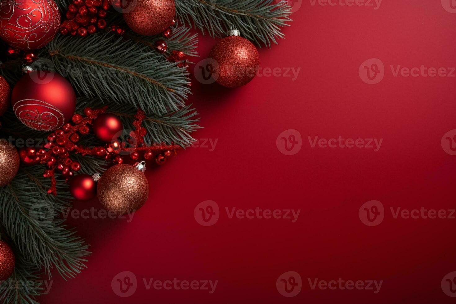 AI generated christmas holidays composition of fir tree branches with baubles and copy space photo