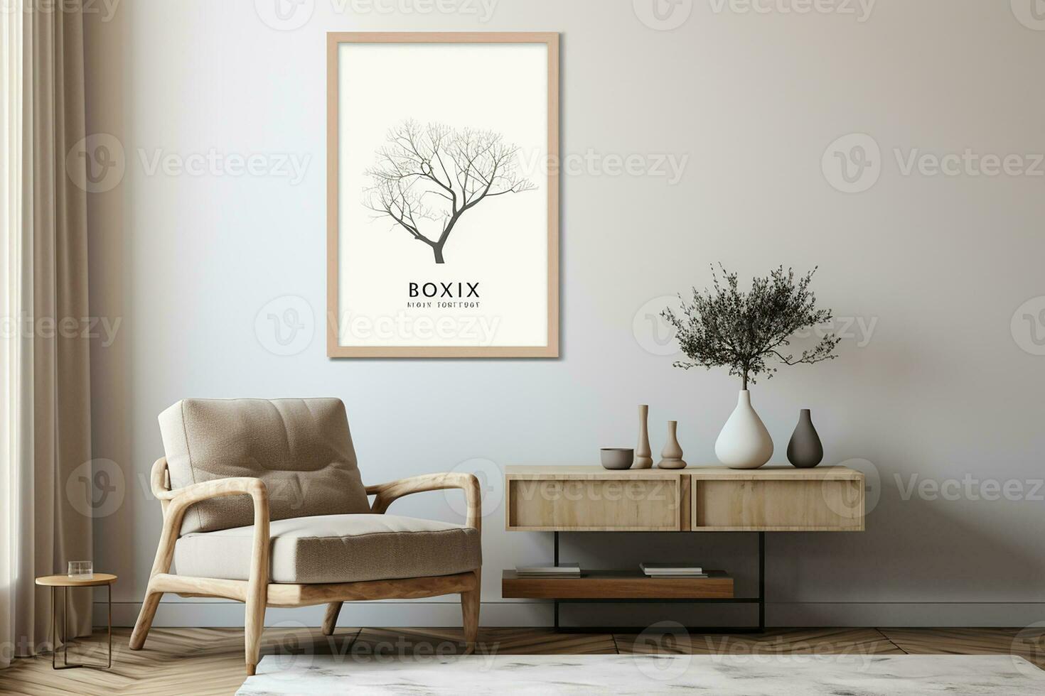 AI generated 3d rendered Minimal style Modern living room interior design with chair with blank poster photo