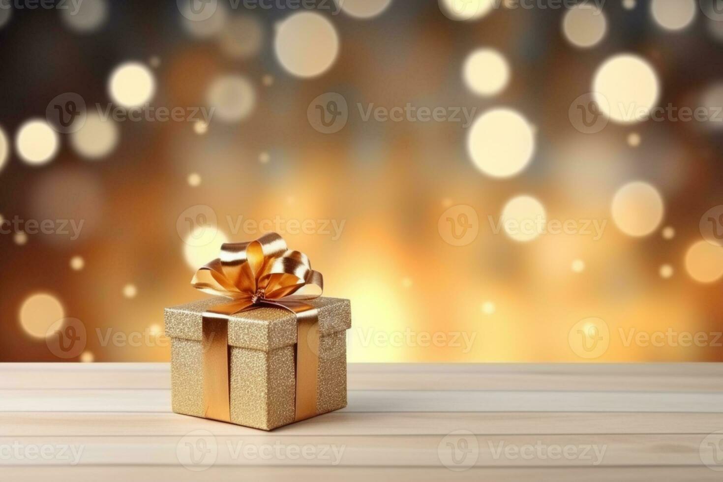 AI generated Christmas wooden table mockup with gifts, lights and bokeh background. Festive template banner with creative decoration and copy space. photo