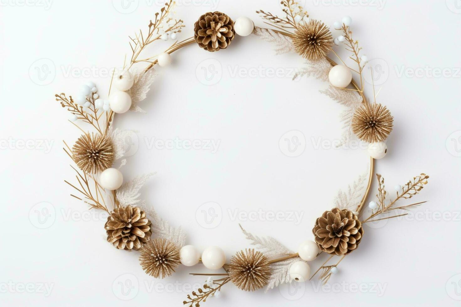 AI generated Christmas composition of fir tree branches with gifts on white marble background photo