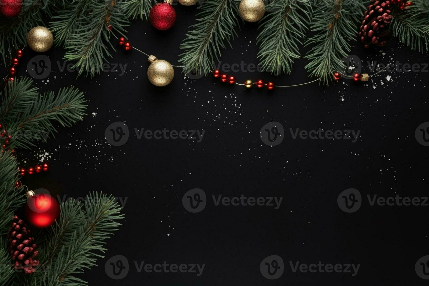 AI generated christmas holidays composition of fir tree branches with baubles copy space photo