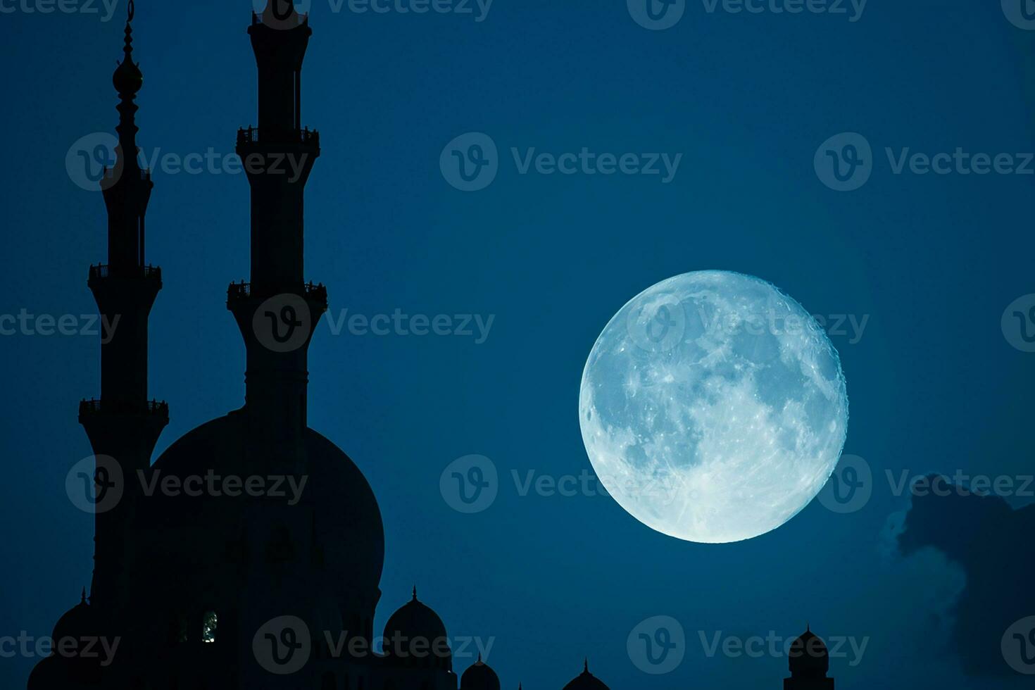 AI generated islamic background of silhouette islamic mosque at night with moon on blue sky photo