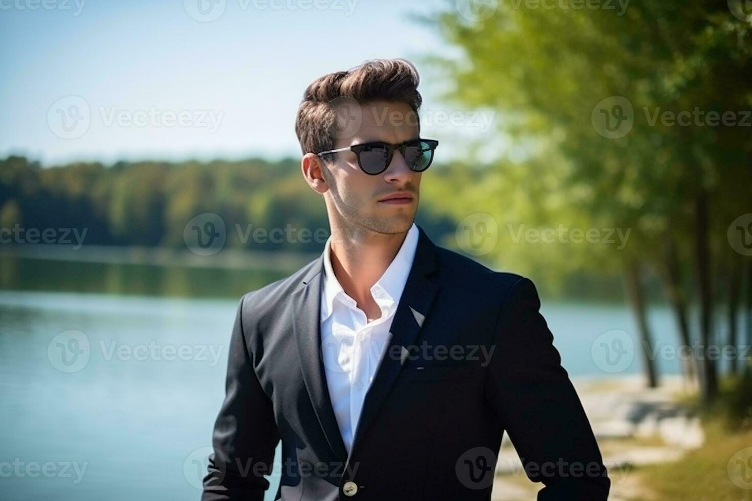 AI generated portrait of sexy handsome fashion businessman model dressed in elegant suit posing behind lake photo