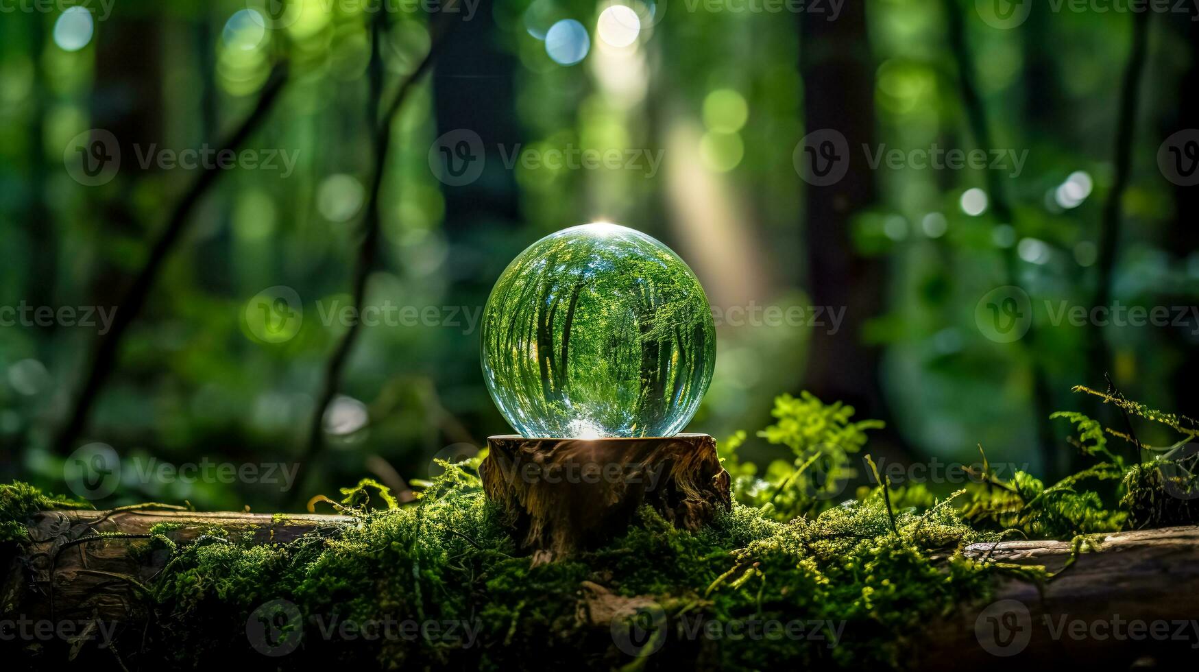 AI Generated mystical scene in a sun-dappled forest, where a crystal ball rests on a rustic wooden stand covered with moss, capturing and reflecting the lush greenery of the woods in its surface photo
