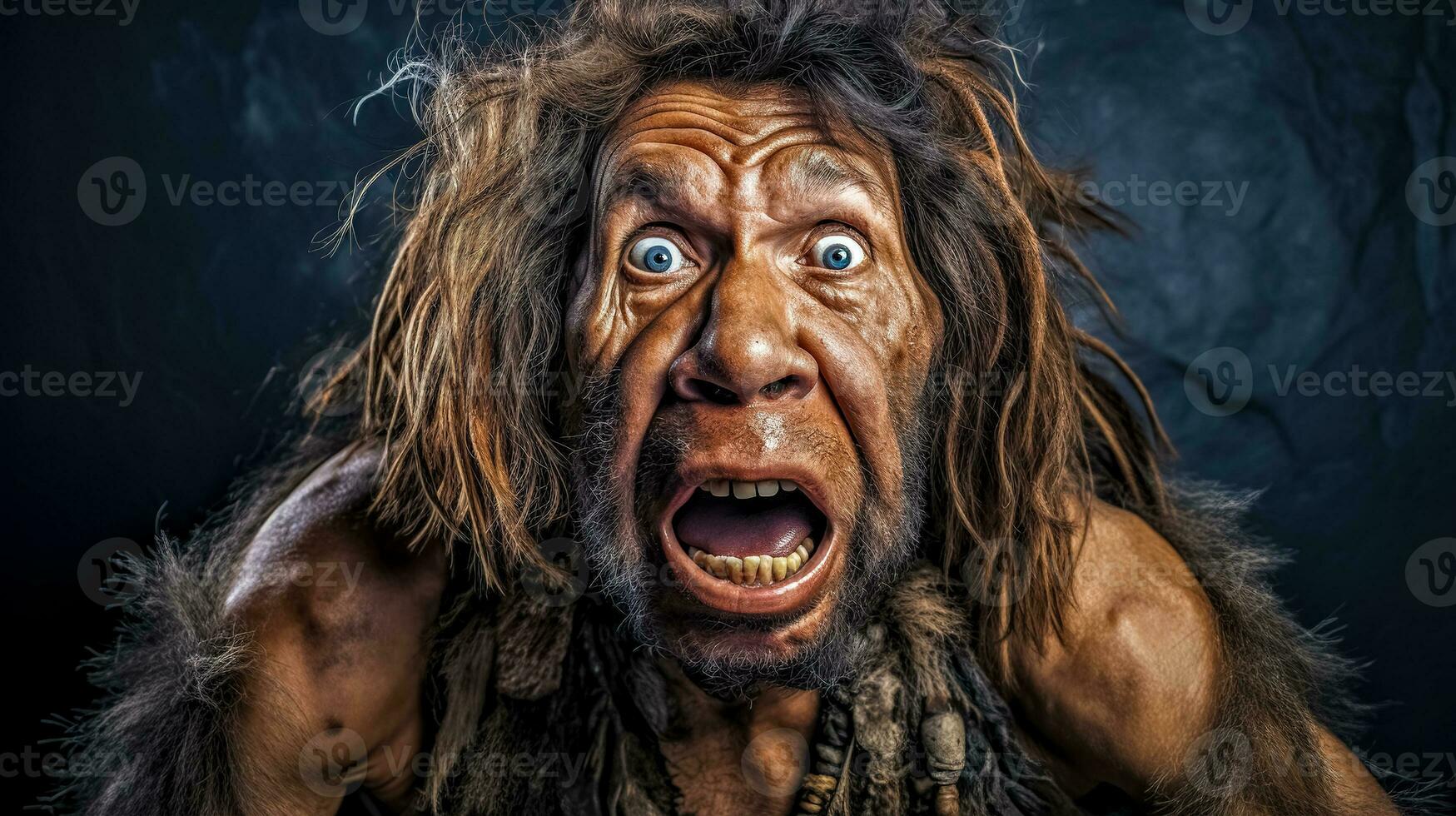 AI Generated Neanderthal with wild hair and a primal expression of astonishment or fear, set against a dark, subdued background photo