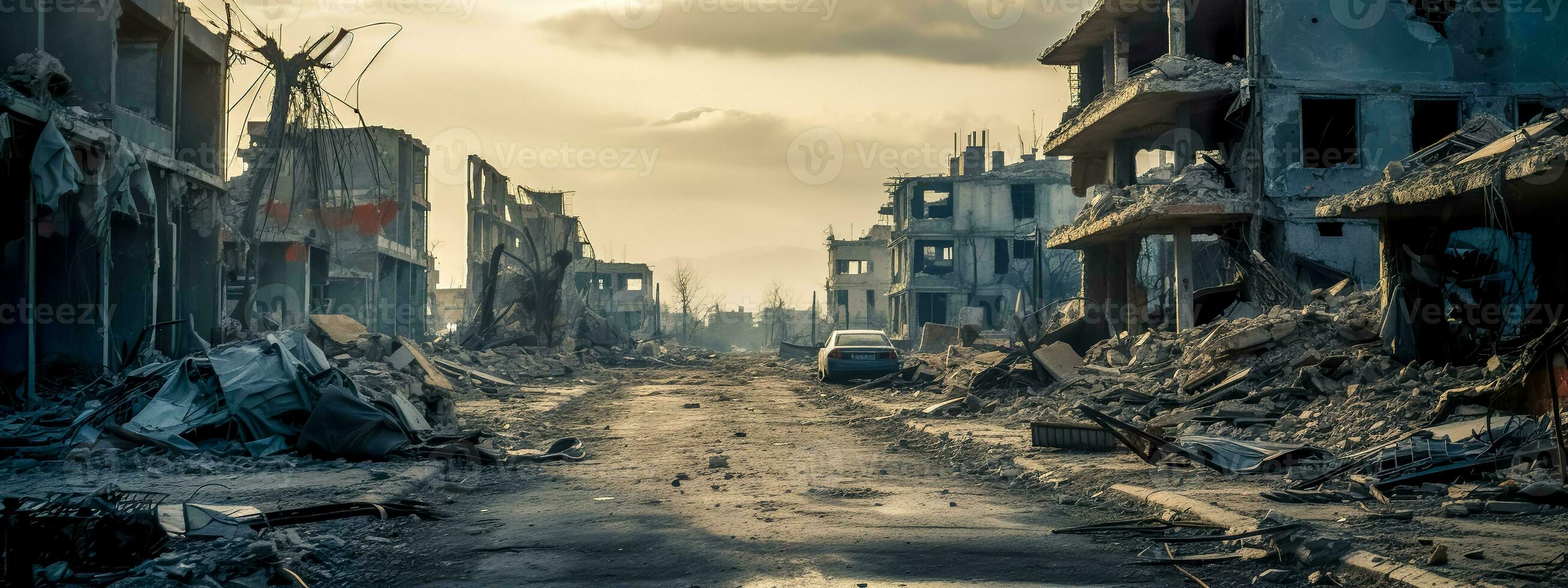 AI Generated post-apocalyptic cityscape ravaged by war, with demolished buildings and debris strewn across a desolate street photo