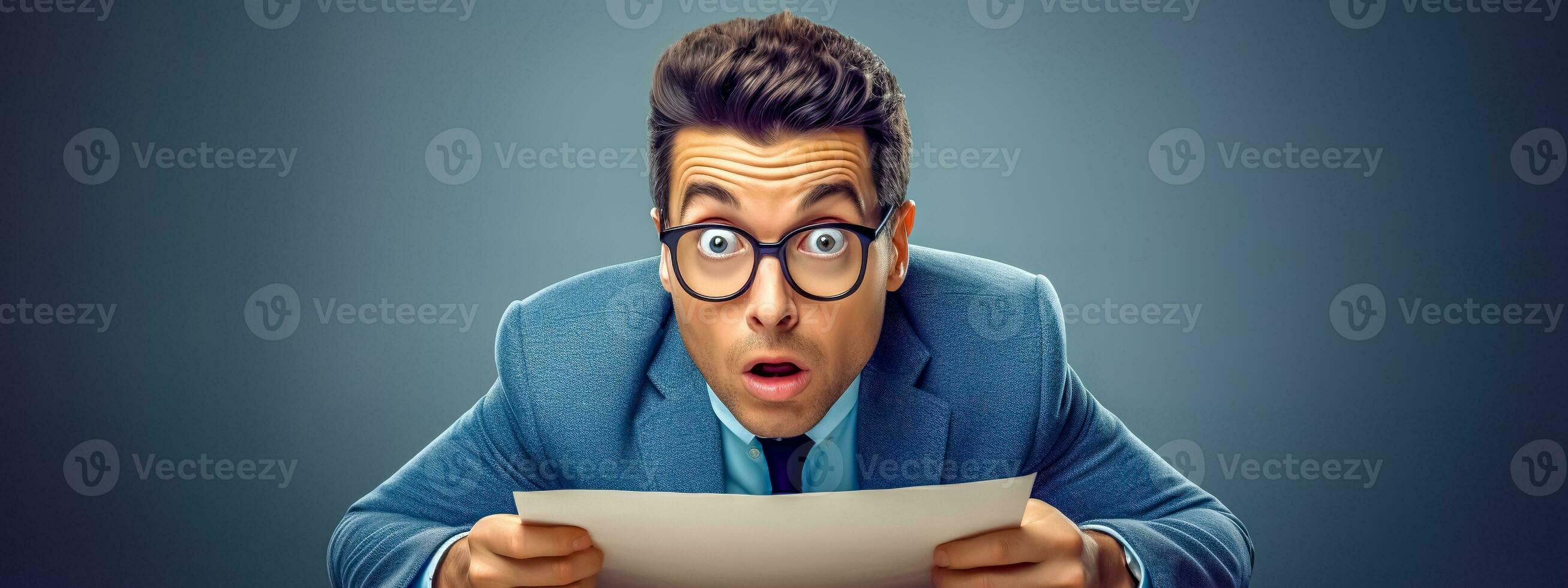 AI Generated person with a startled expression, holding and looking at a document, with eyes wide open and mouth agape, suggesting surprise or shock at the content photo