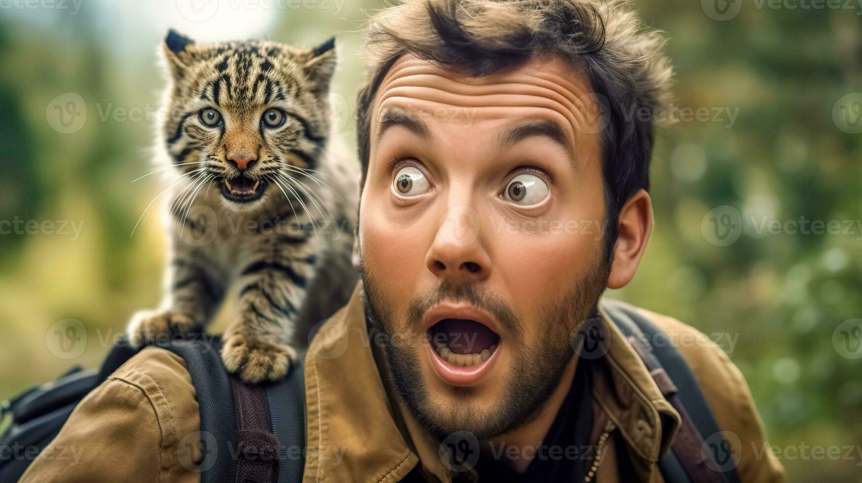 AI Generated man with a surprised expression as a baby clouded leopard perches on his shoulder, both looking startled in a forest setting photo