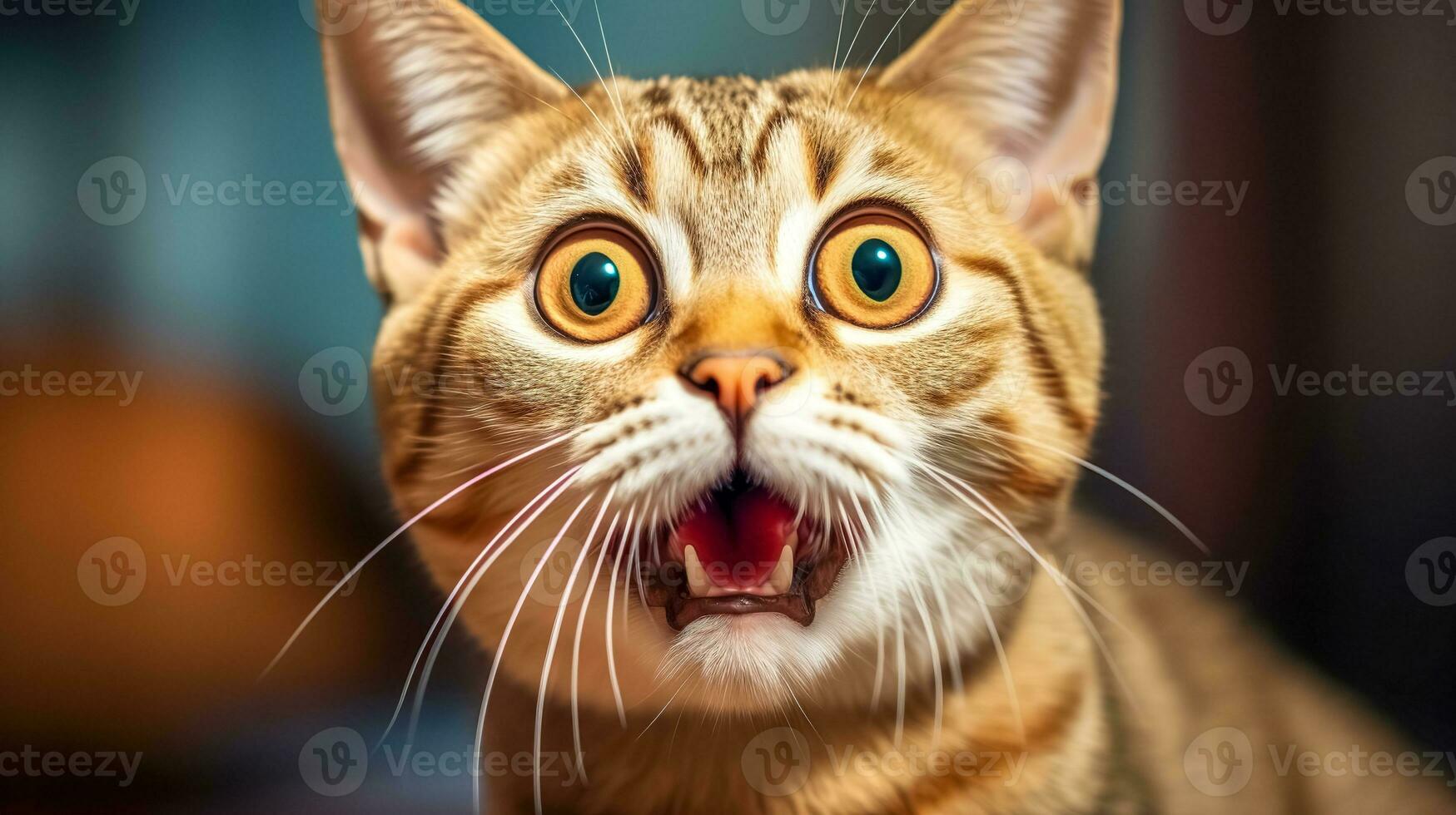 AI Generated cat with an astonished expression, featuring large wide-open eyes and a slightly open mouth, which could suggest curiosity, surprise, or playfulness, common traits in feline behavior. photo