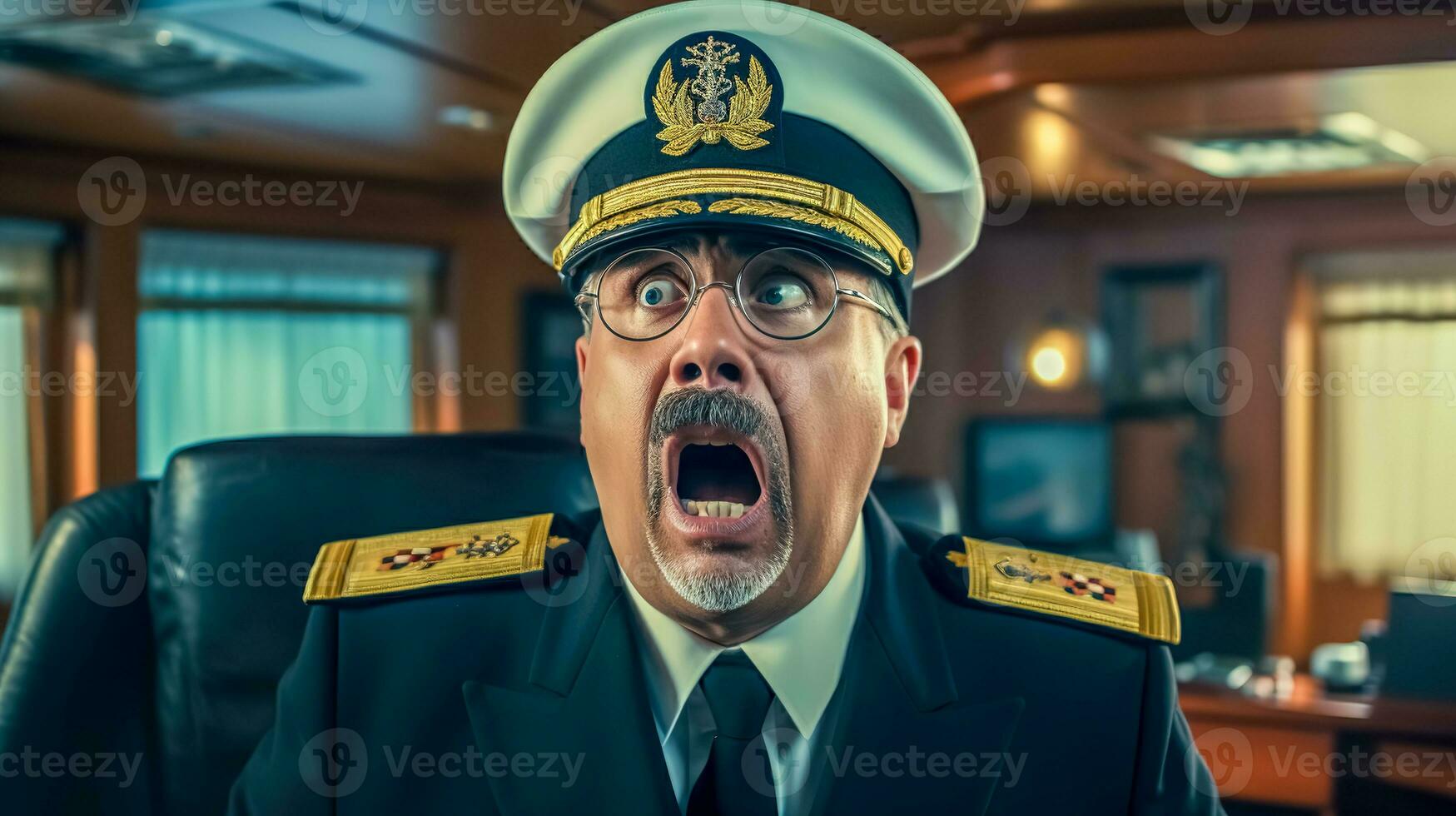 AI Generated The captain's facial expression is one of shock or surprise, characterized by wide eyes and an open mouth. photo