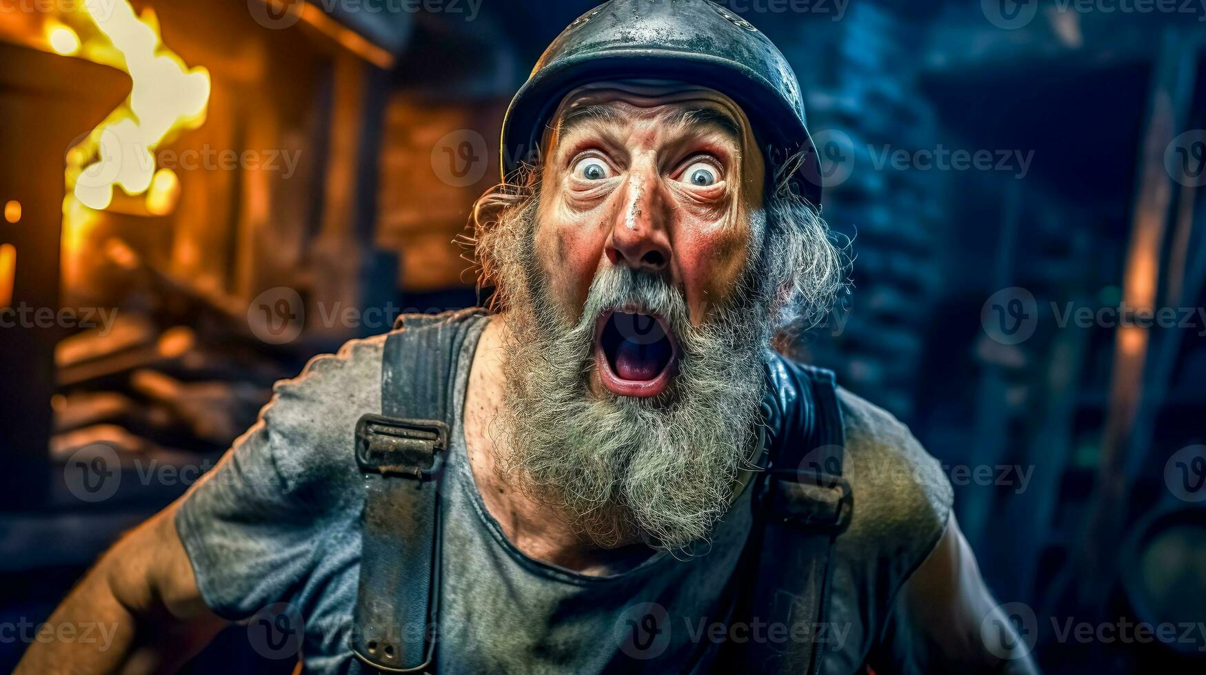 AI Generated A grizzled blacksmith in a fiery forge, eyes wide with shock, mouth open in a silent roar, as he perhaps witnesses a rare phenomenon or a surprising turn in his craftsmanship photo