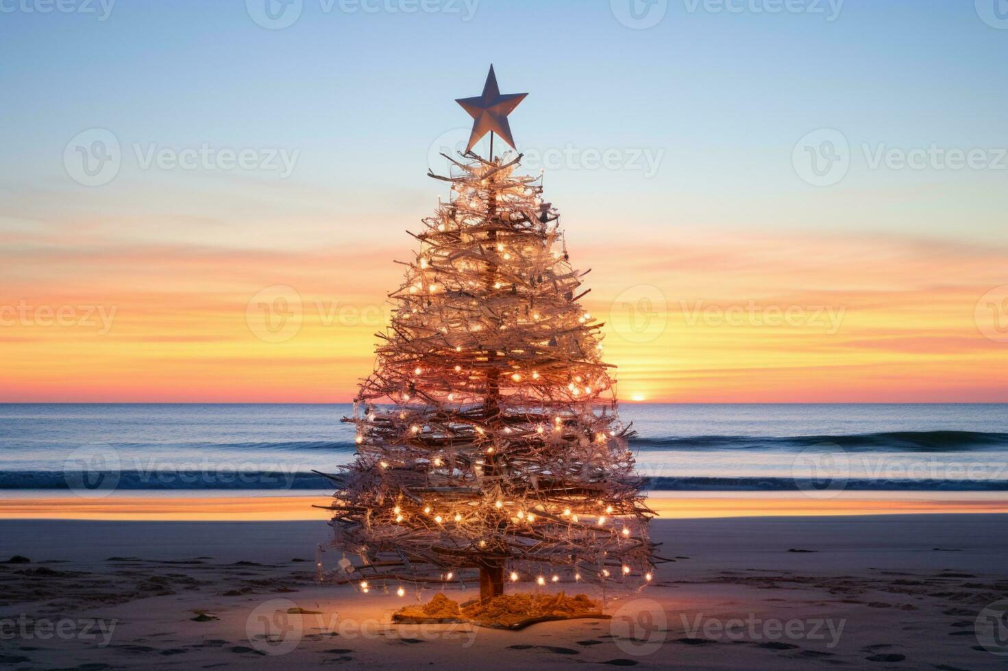 AI generated Christmas tree made with wood sticks on the beach at sunset photo