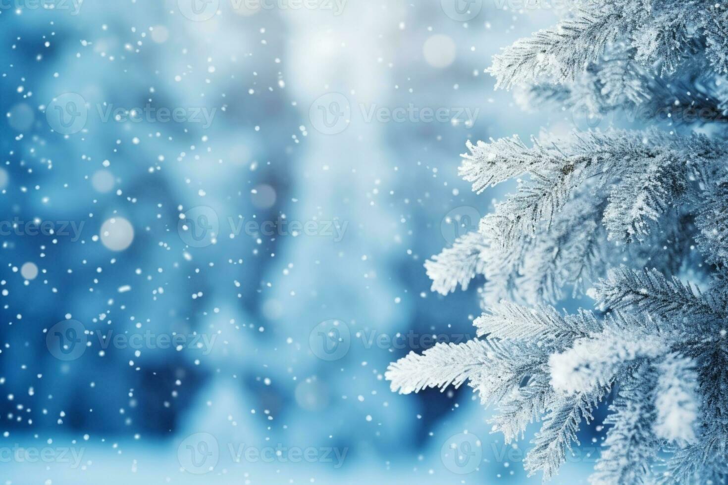AI generated Snowflakes settling on pine branches under soft winter moonlight photo