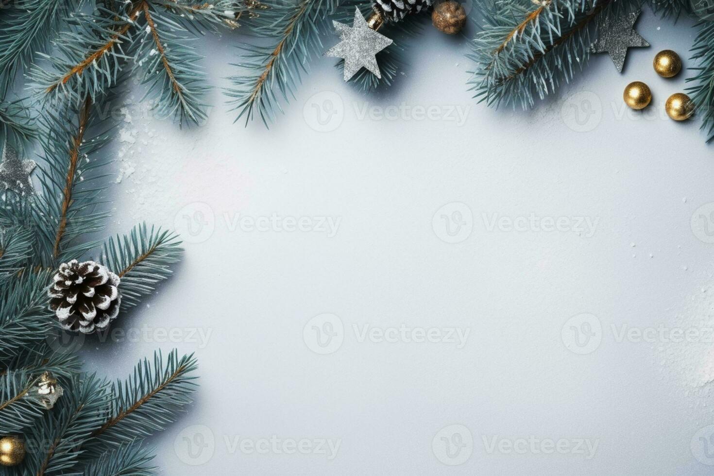 AI generated christmas holidays composition of fir tree branches with baubles and copy space photo