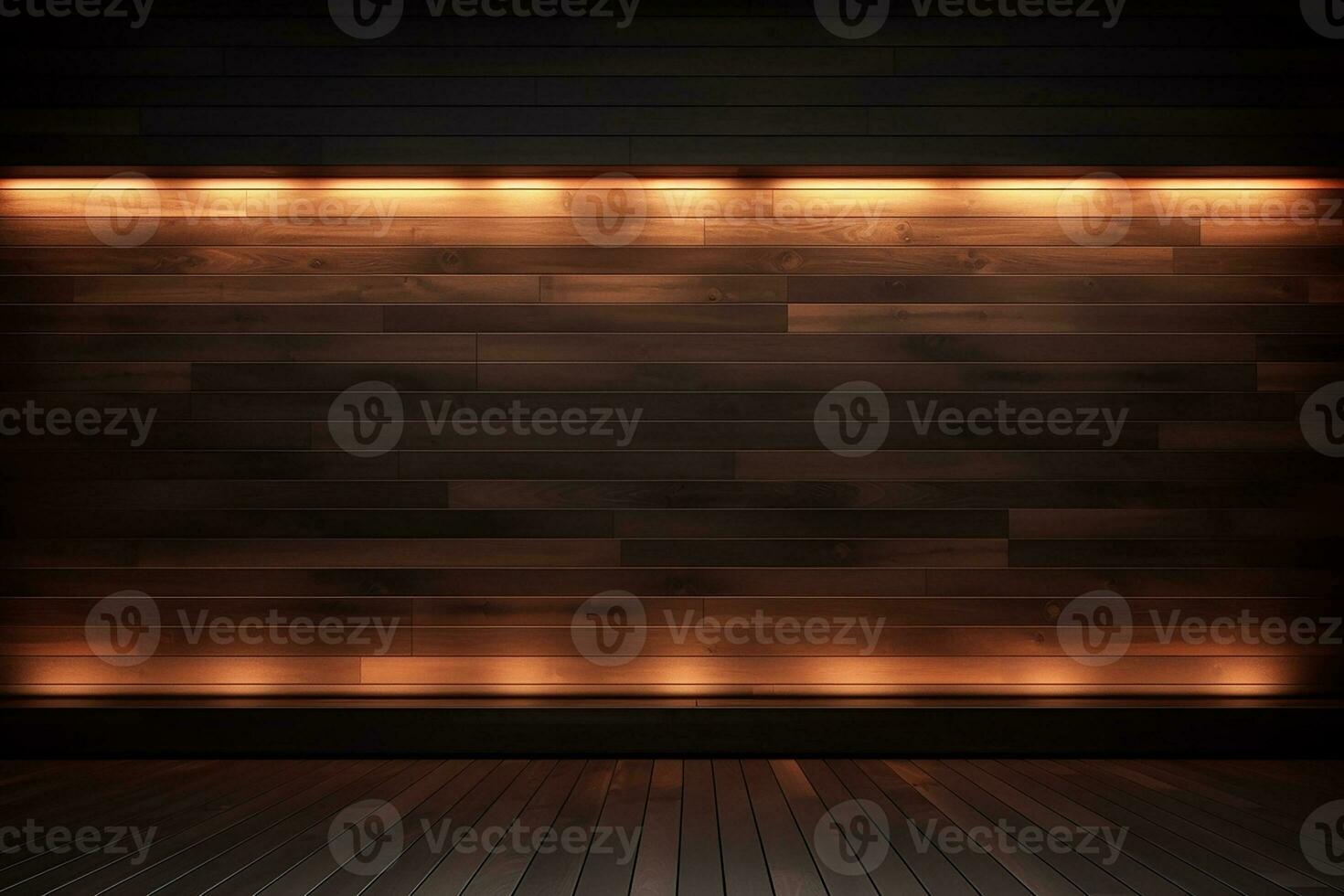 AI generated 3d rendered empty wooden room with lights and copy space photo
