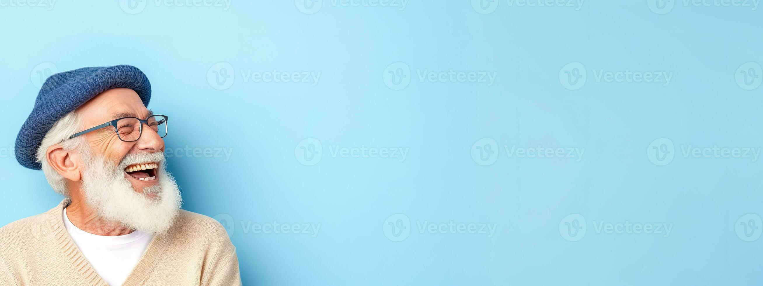 AI Generated Elderly gentleman laughs heartily, his style and joy reflecting a youthful spirit, blue banner with copy space photo