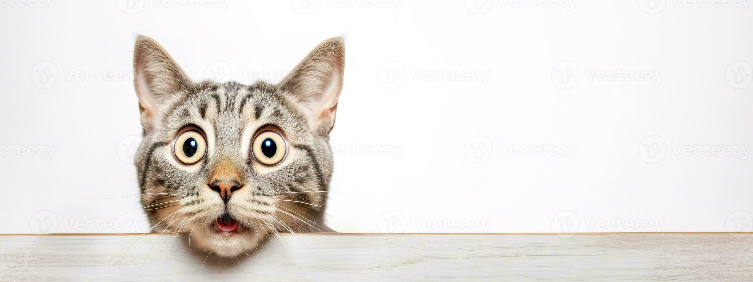 AI Generated curious cat peeking over a surface, its wide eyes and open mouth portraying a look of surprise or astonishment, set against a clean white background photo