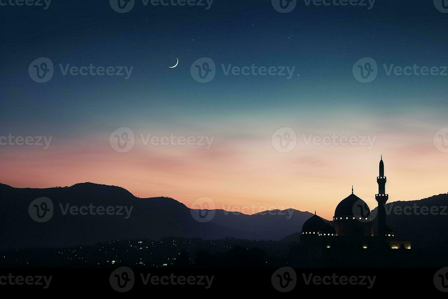 ai generado un mezquita en noche y Luna en antecedentes Ramadán kareem celebracion foto