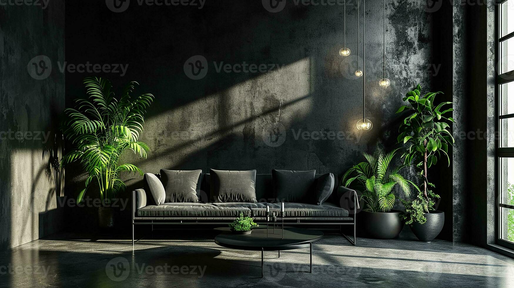 AI generated Black living room interior design with sofa minimal aesthetic 3d rendered photo