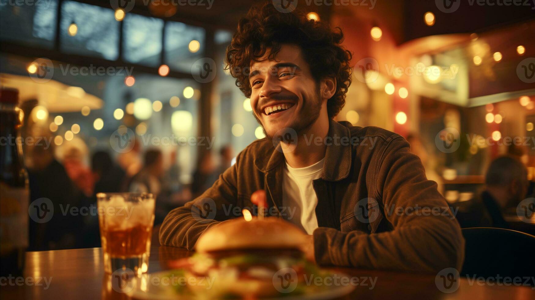 AI generated Young man standing in front of a hamburger at the table in a hamburger restaurant photo