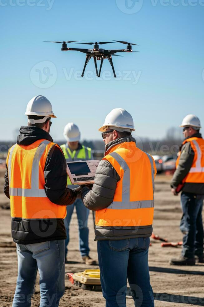 AI generated Civil engineers viewing construction with drone. Generative AI photo