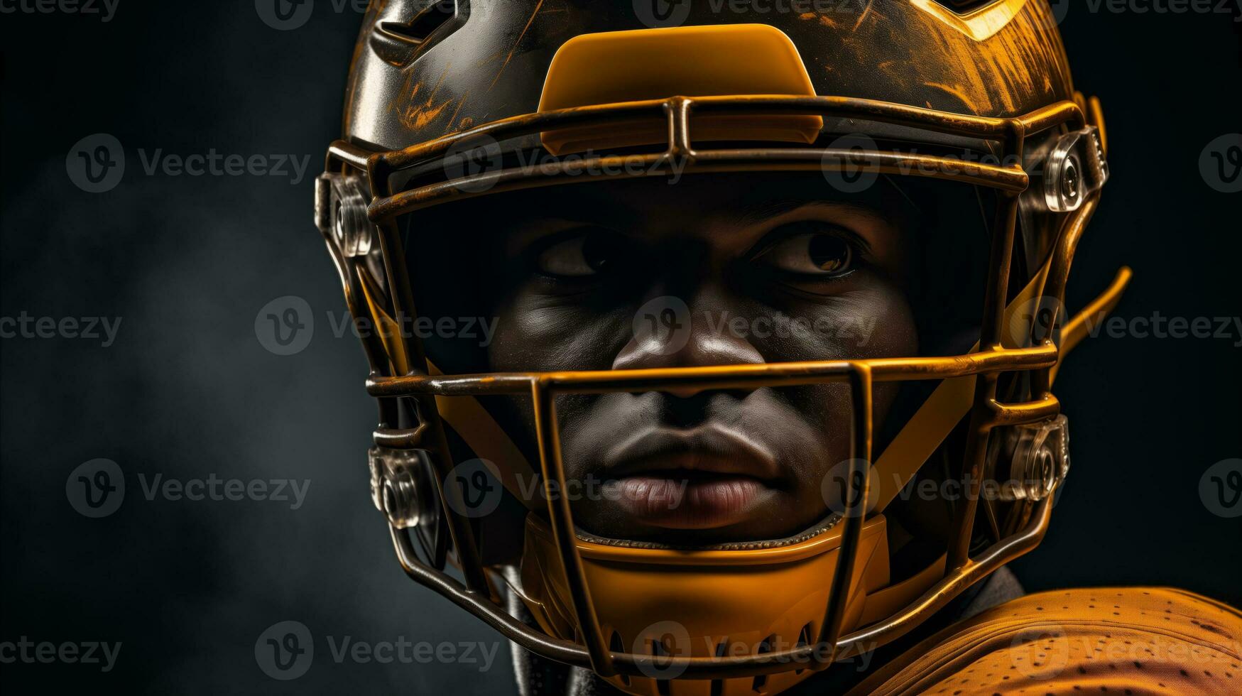 AI generated the head of a american football player is in a metal helmet photo