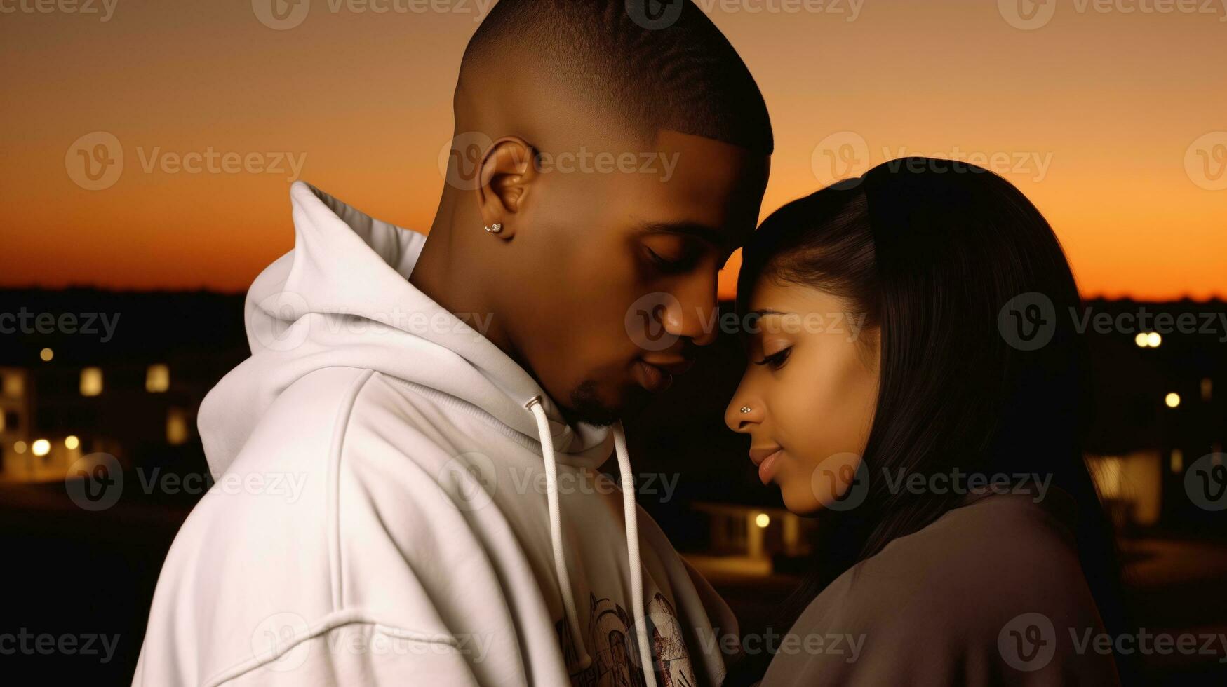 AI generated Young African American couple getting closer in front of sunset view photo