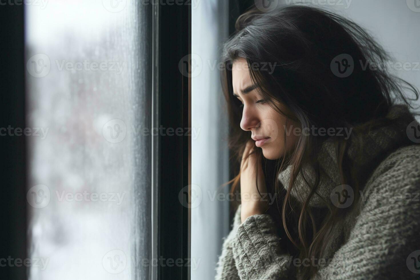 AI generated a depressed woman sitting on a window generative AI photo