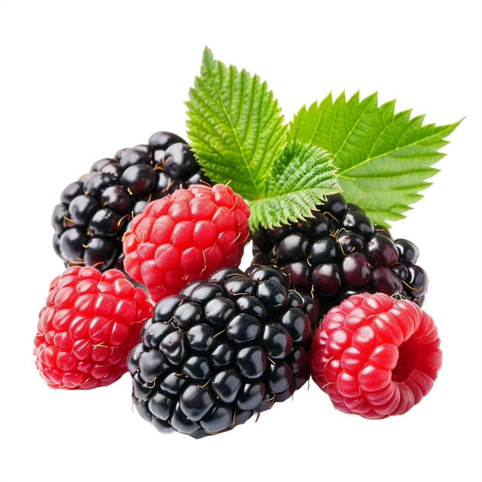ai generiert frisch Brombeeren und Himbeeren mit Blätter isoliert auf