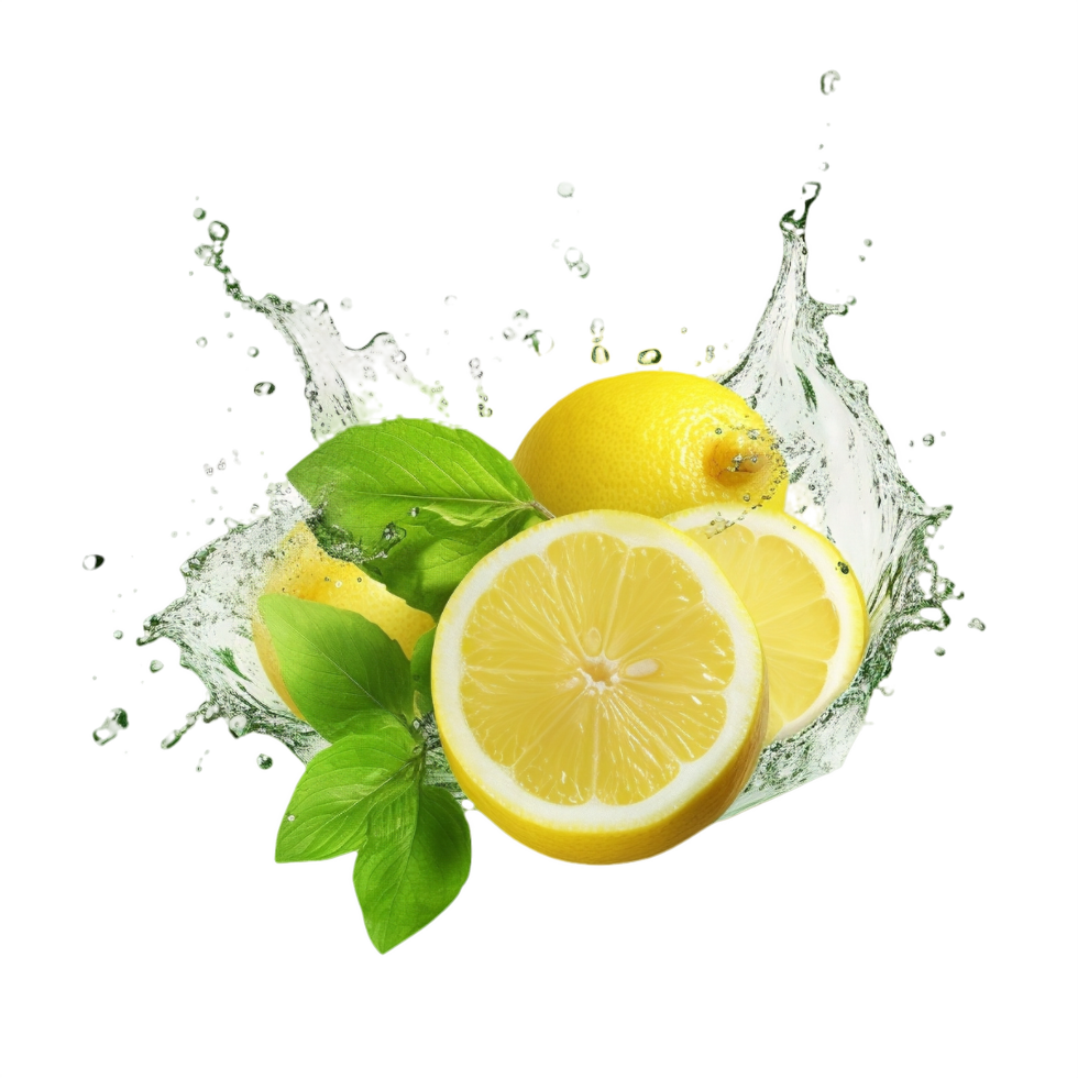 ai generato fresco limoni e menta con acqua spruzzo isolato su trasparente sfondo png