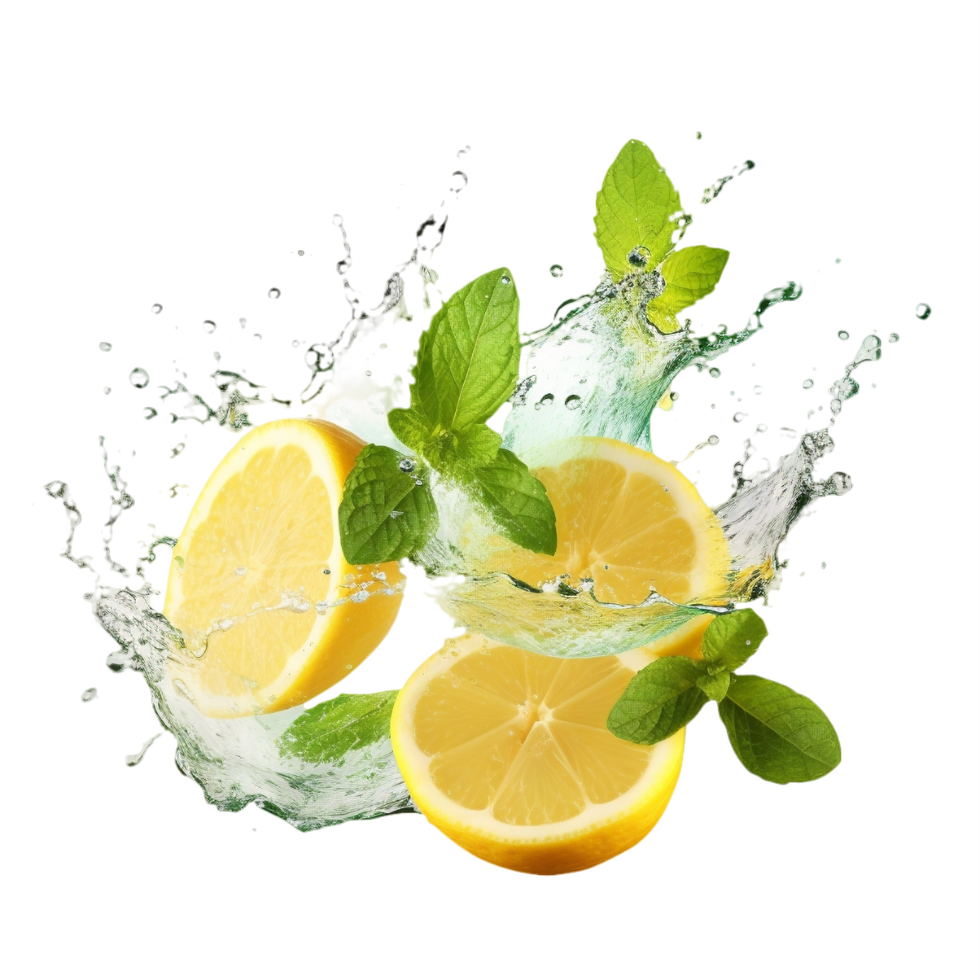 AI generated Fresh Lemons and Mint with Water Splash Isolated on Transparent Background png