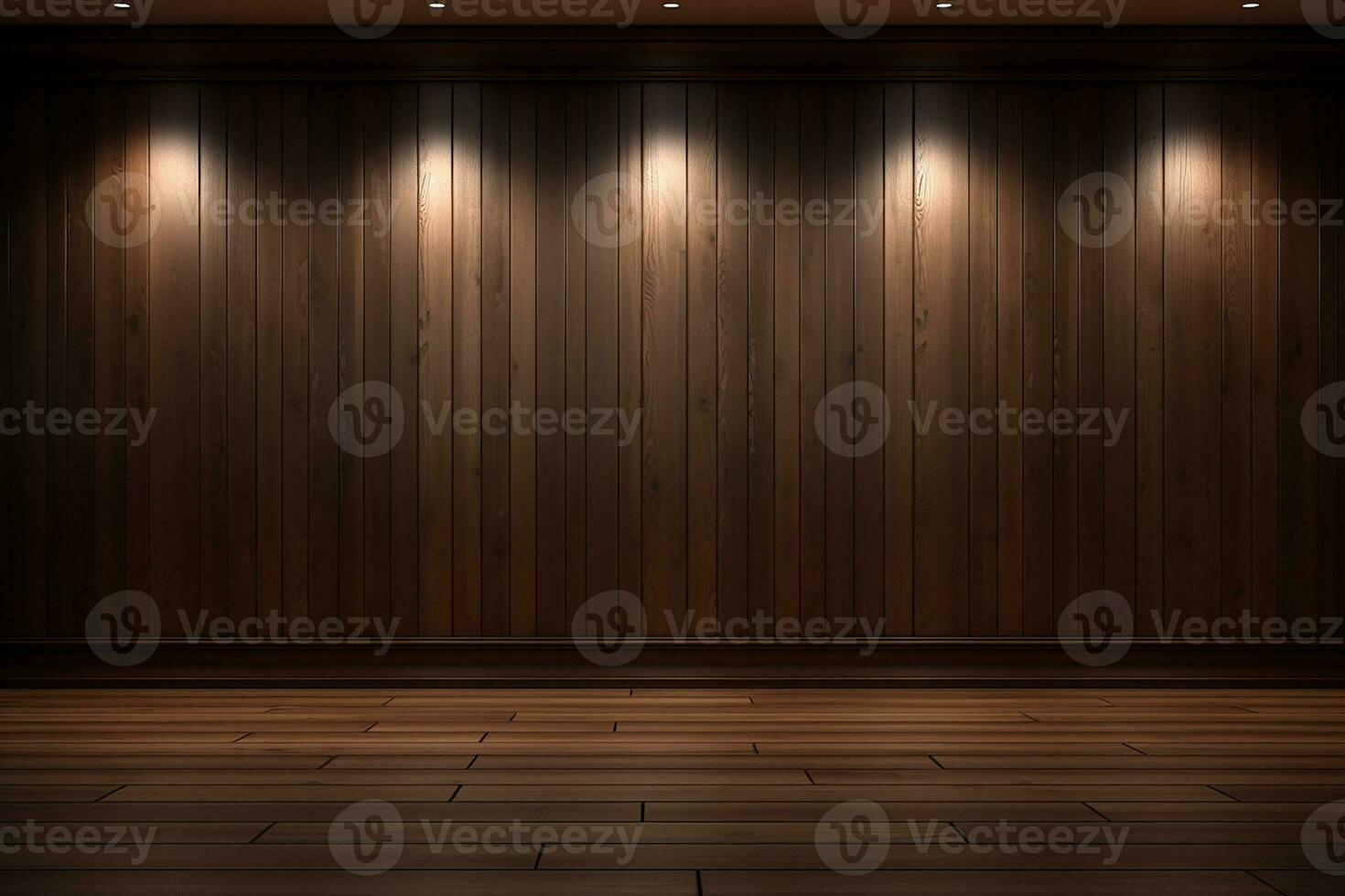AI generated 3d rendered empty wooden room with lights and copy space photo