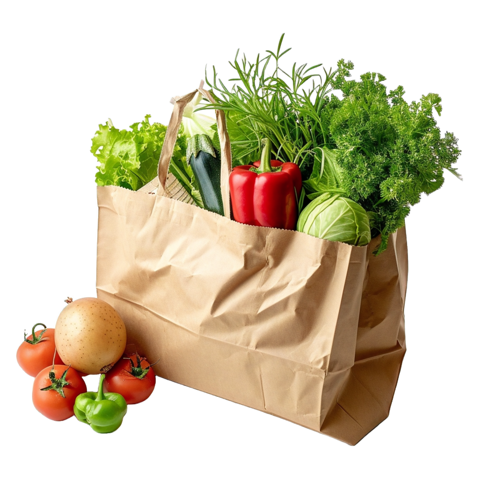 AI generated Grocery Bag with Fresh Vegetables, Bread, and Water Bottle Isolated on transparent Background png