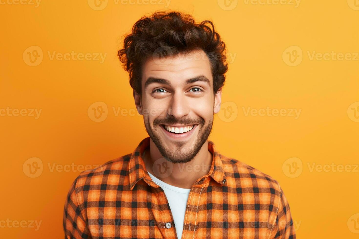 AI generated handsome bearded posing against wearing check orange shirt on orange background photo
