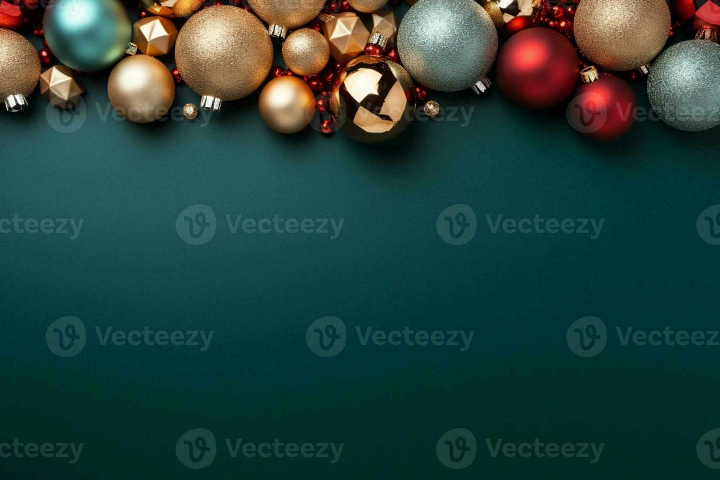 AI generated christmas holidays composition of fir tree branches with baubles and copy space photo