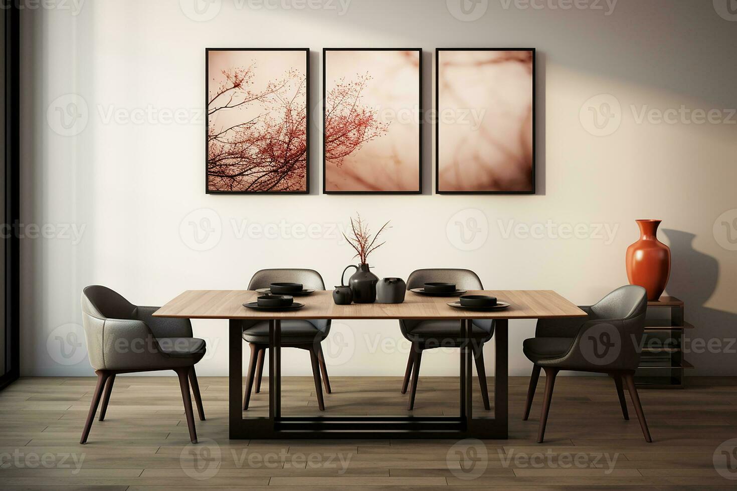 AI generated 3d rendered Minimal style Modern dining room with and interior design with chair and dining table photo