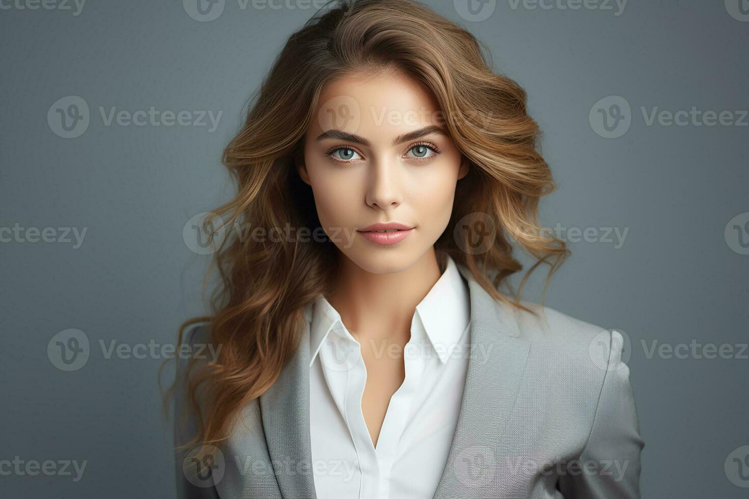 AI generated Portrait of successful and happy businesswoman, office worker smiling and looking at camera, working inside modern office. photo