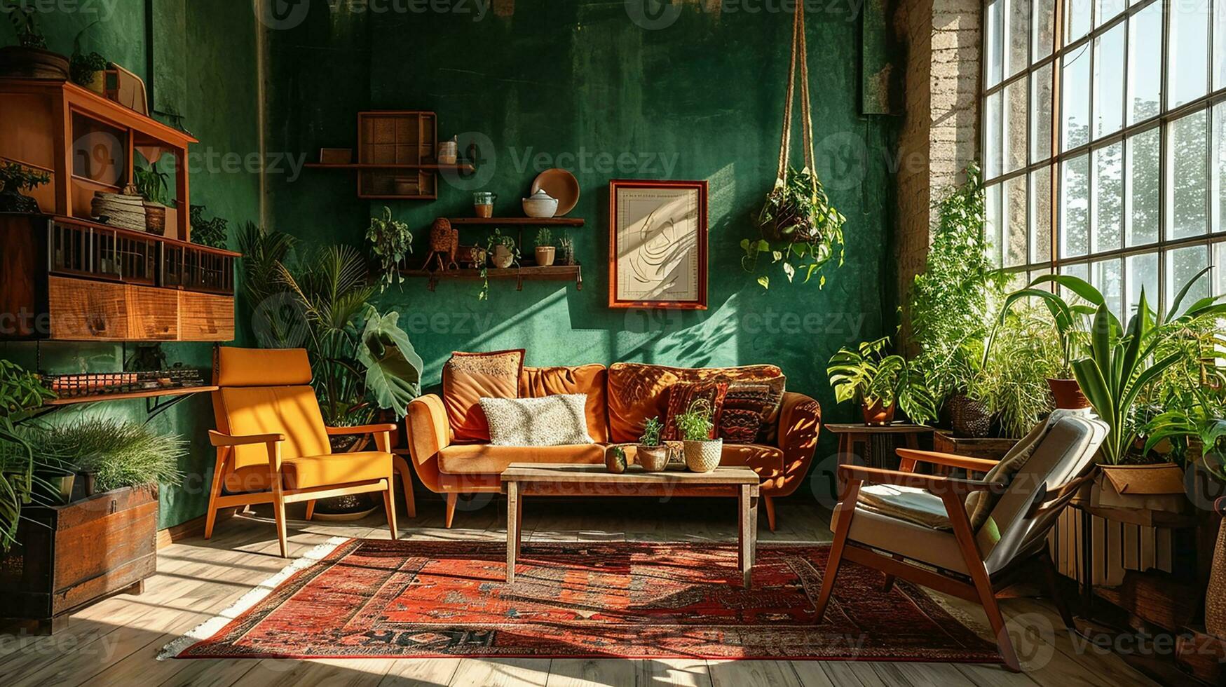AI generated Vintage living room interior design with sofa minimal aesthetic 3d rendered photo