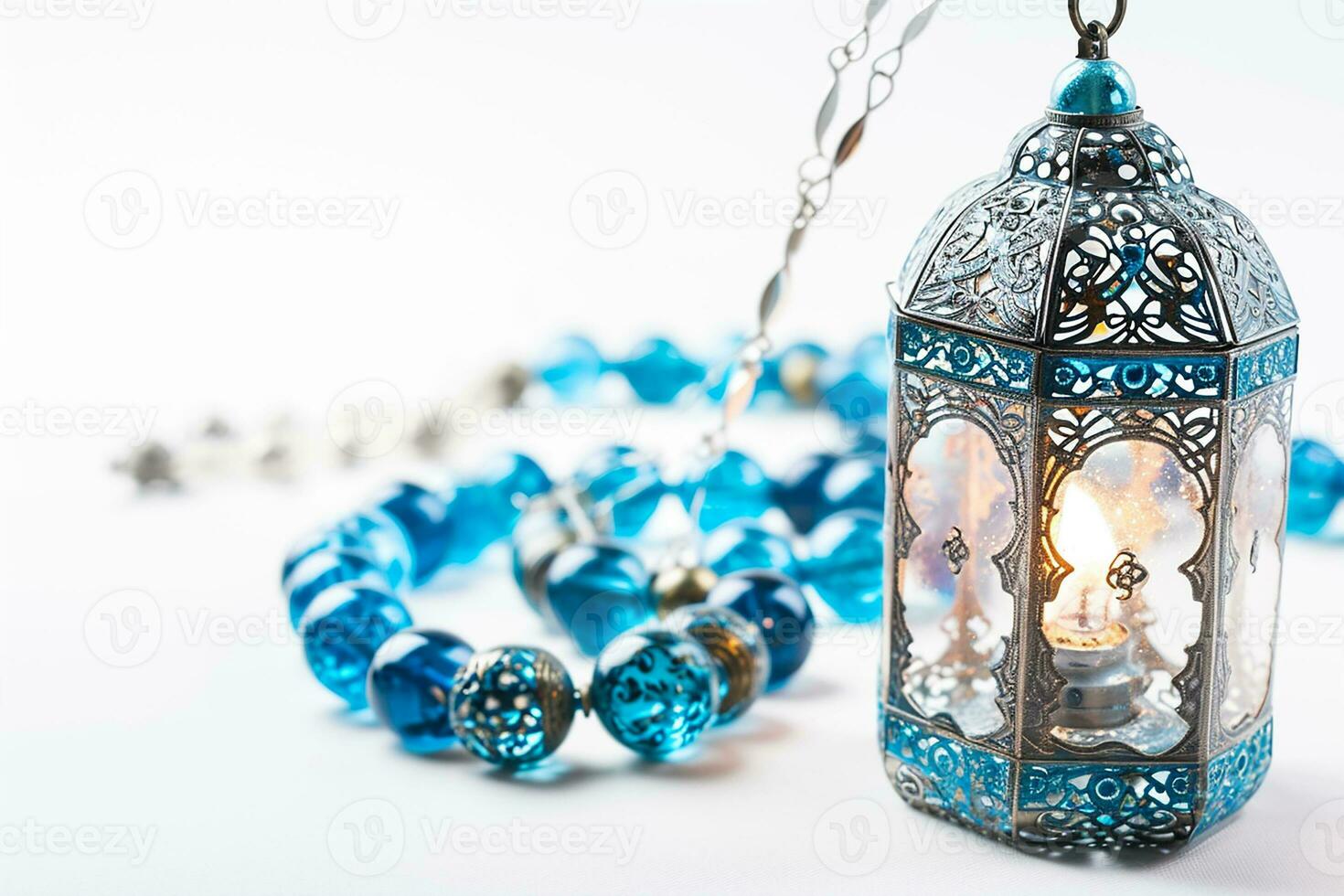 AI generated Ornamental Arabic lanterns. with tasbeeh on the table photo