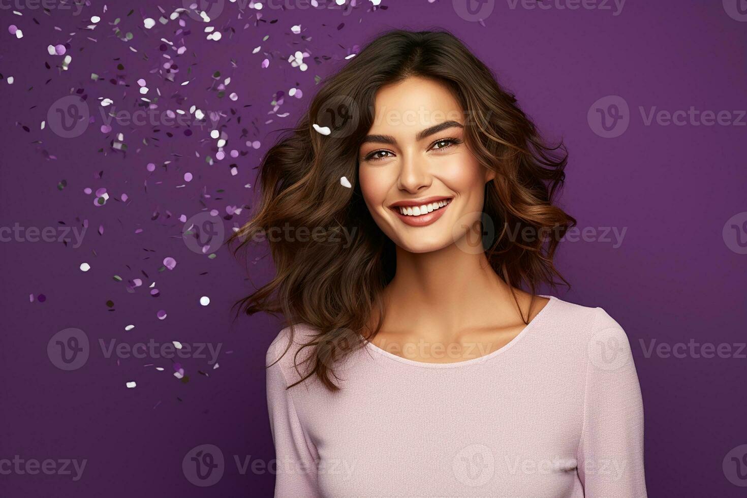 AI generated Portrait of beautiful young woman with confetti on isolated background generative AI photo