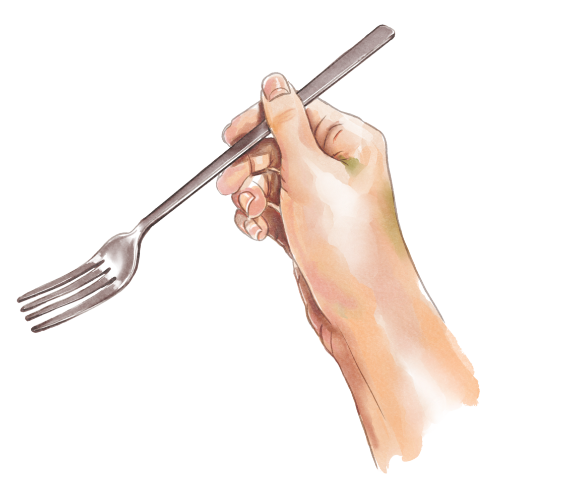 hand with fork Hand holding a fork spoon, eating food, painting, watercolor painting, dining table, eating deliciously fork spoon on tableware tool png