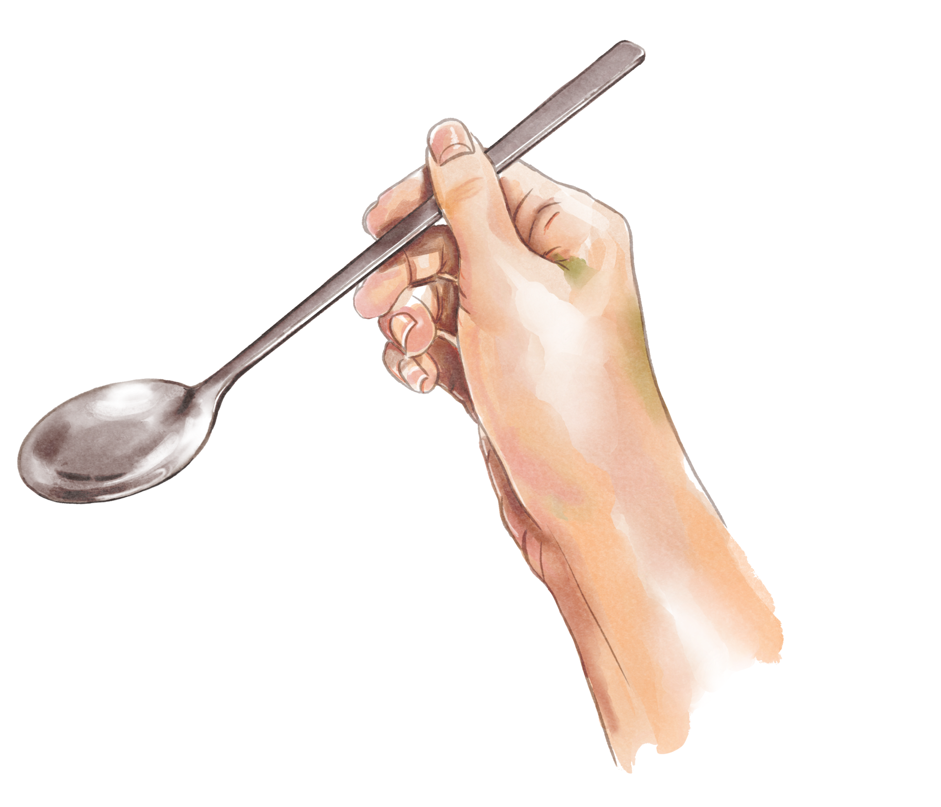 hand with fork Hand holding a fork spoon, eating food, painting