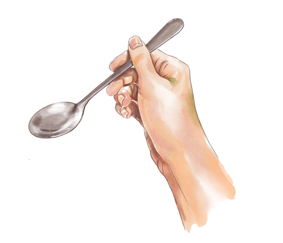 händer med gaffel hand innehav en gaffel sked, äter mat, målning, vattenfärg målning, dining tabell, äter utsökt gaffel sked på porslin verktyg png