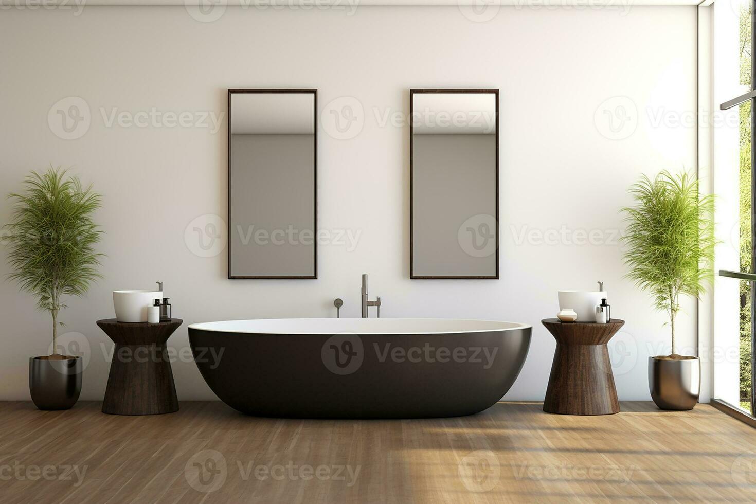 AI generated 3d rendered Minimal style black theme Modern bathroom interior design with bathtub photo