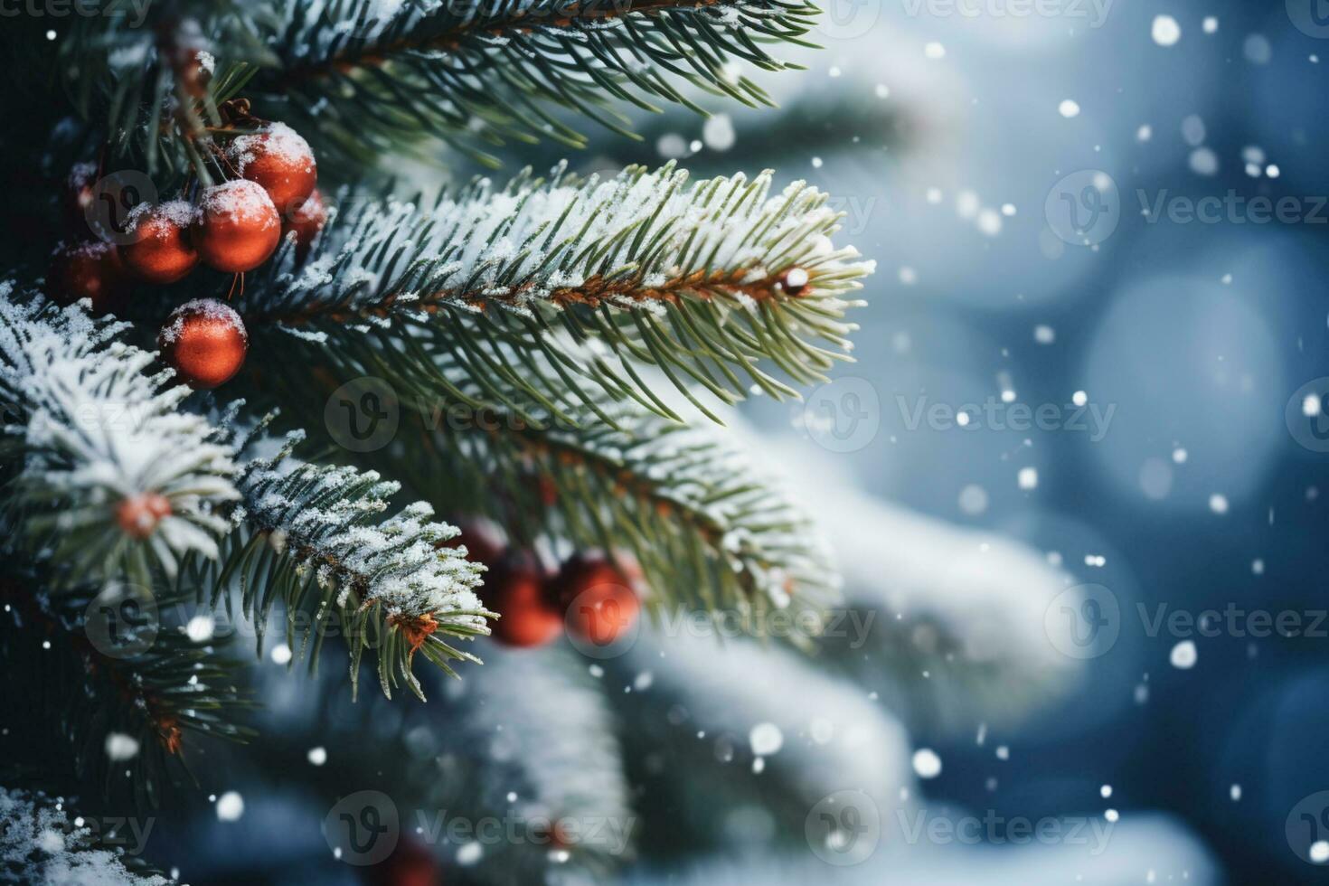 AI generated Snowflakes settling on pine branches under soft winter moonlight photo