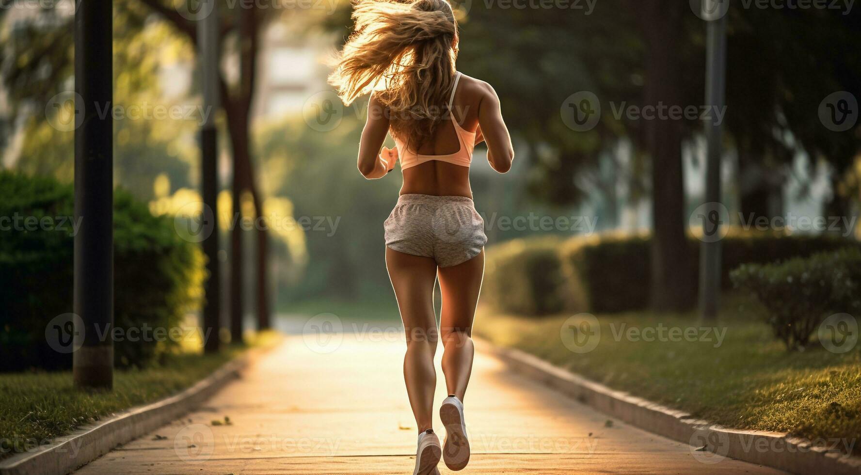 ai generado bonito niña corriendo en naturaleza, Deportes niña correr, joven mujer es corriendo foto