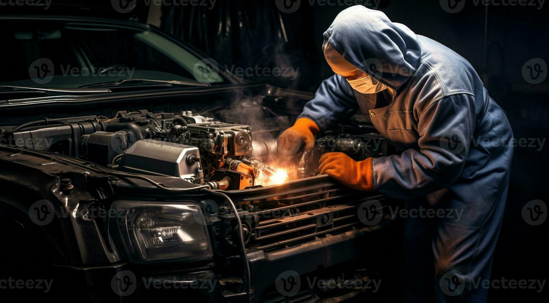 AI generated auto mechanic is fixing car in the garage, car engine in the garage, car in service photo